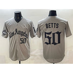 Los Angeles Dodgers #50 Mookie Betts Grey BUTLER LA Gothic Style With 2025 World Series Champions Patch Limited Stitched Jersey