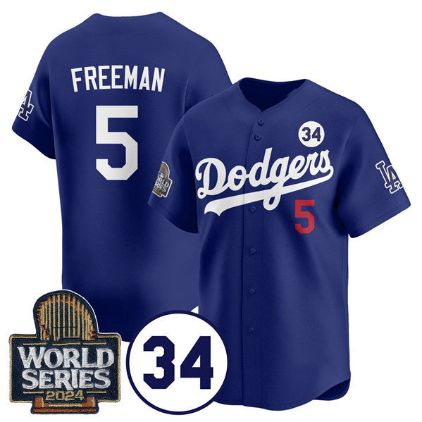 Los Angeles Dodgers #5 Freddie Freeman Royal BUTLER 2024 World Series With No. 34 Patch Cool Base Stitched Jersey