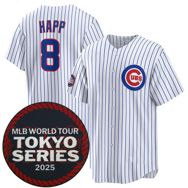 Chicago Cubs #8 Ian Happ White BUTLER 2025 World Tour Tokyo Series Home Stitched Jersey
