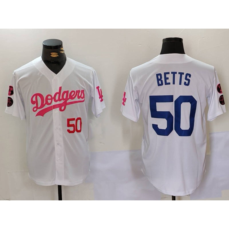 Los Angeles Dodgers #50 Mookie Betts White Pink BUTLER Vin & Kobe Patch Stitched Jersey 2