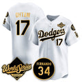 Los Angeles Dodgers #17 Shohei Ohtani White Gold BUTLER 2025 World Series With No.34 Patch Limited Stitched Jersey