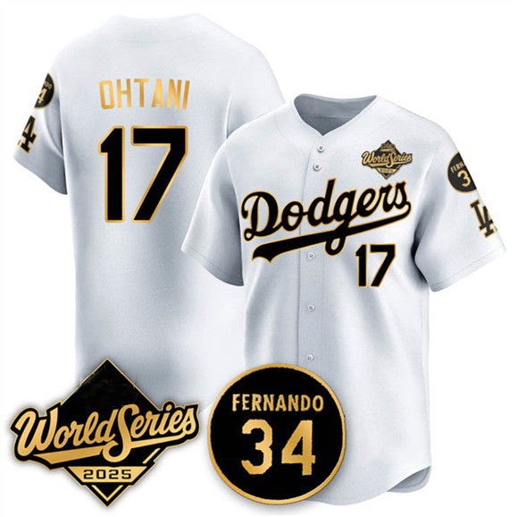 Los Angeles Dodgers #17 Shohei Ohtani White Gold BUTLER 2025 World Series With No.34 Patch Limited Stitched Jersey