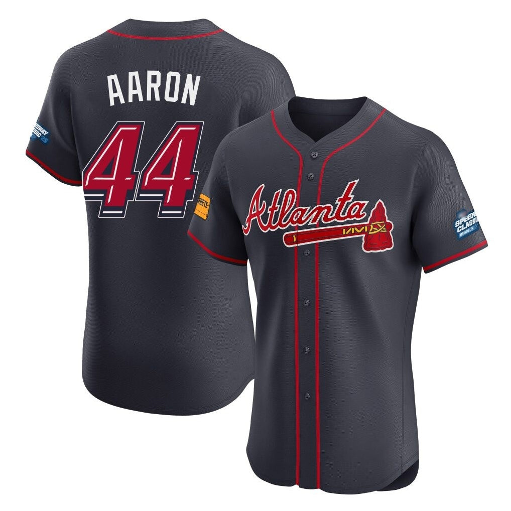 Atlanta Braves #44 Hank Aaron Player Navy BUTLER 2025 Speedway Classic Limited Elite Home Game Stitched Jerseys