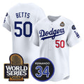 Los Angeles Dodgers #50 Mookie Betts White BUTLER 2024 World Series With Fernando Memorial Patch Limited Stitched Jersey