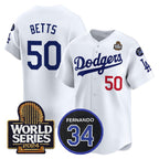 Los Angeles Dodgers #50 Mookie Betts White BUTLER 2024 World Series With Fernando Memorial Patch Limited Stitched Jersey