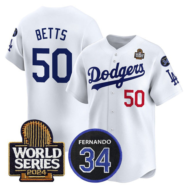 Los Angeles Dodgers #50 Mookie Betts White BUTLER 2024 World Series With Fernando Memorial Patch Limited Stitched Jersey