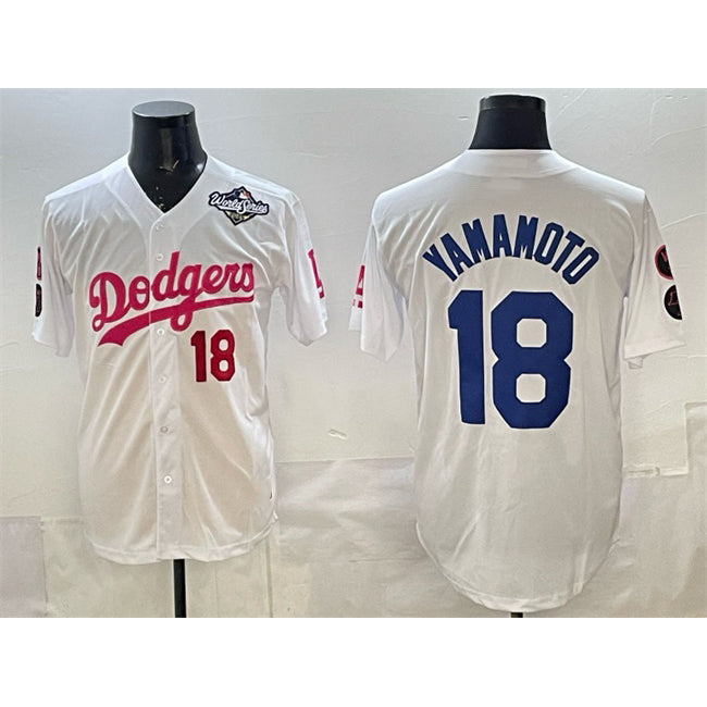 Los Angeles Dodgers #18 Yoshinobu Yamamoto White BUTLER Pink 2025 World Series Vin & Kobe Patch Limited Stitched Jersey