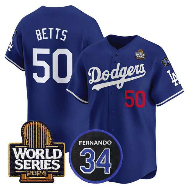 Los Angeles Dodgers #50 Mookie Betts Royal BUTLER 2024 World Series With Fernando Memorial Patch Limited Stitched Jersey