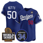 Los Angeles Dodgers #50 Mookie Betts Royal BUTLER 2024 World Series With Fernando Memorial Patch Limited Stitched Jersey