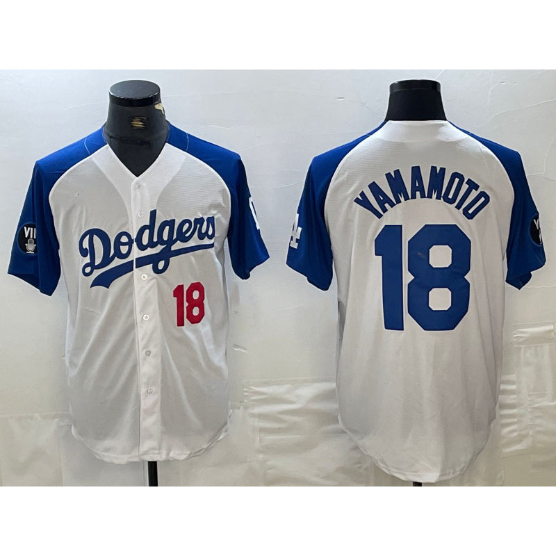 Los Angeles Dodgers #18 Yoshinobu Yamamoto Number White Blue BUTLER Fashion Stitched Cool Base Limited Jersey