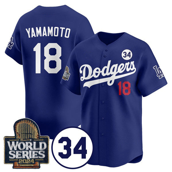 Los Angeles Dodgers #18 Yoshinobu Yamamoto Royal BUTLER 2024 World Series With No. 34 Patch Cool Base Stitched Jersey