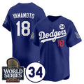 Los Angeles Dodgers #18 Yoshinobu Yamamoto Royal BUTLER 2024 World Series With No. 34 Patch Cool Base Stitched Jersey