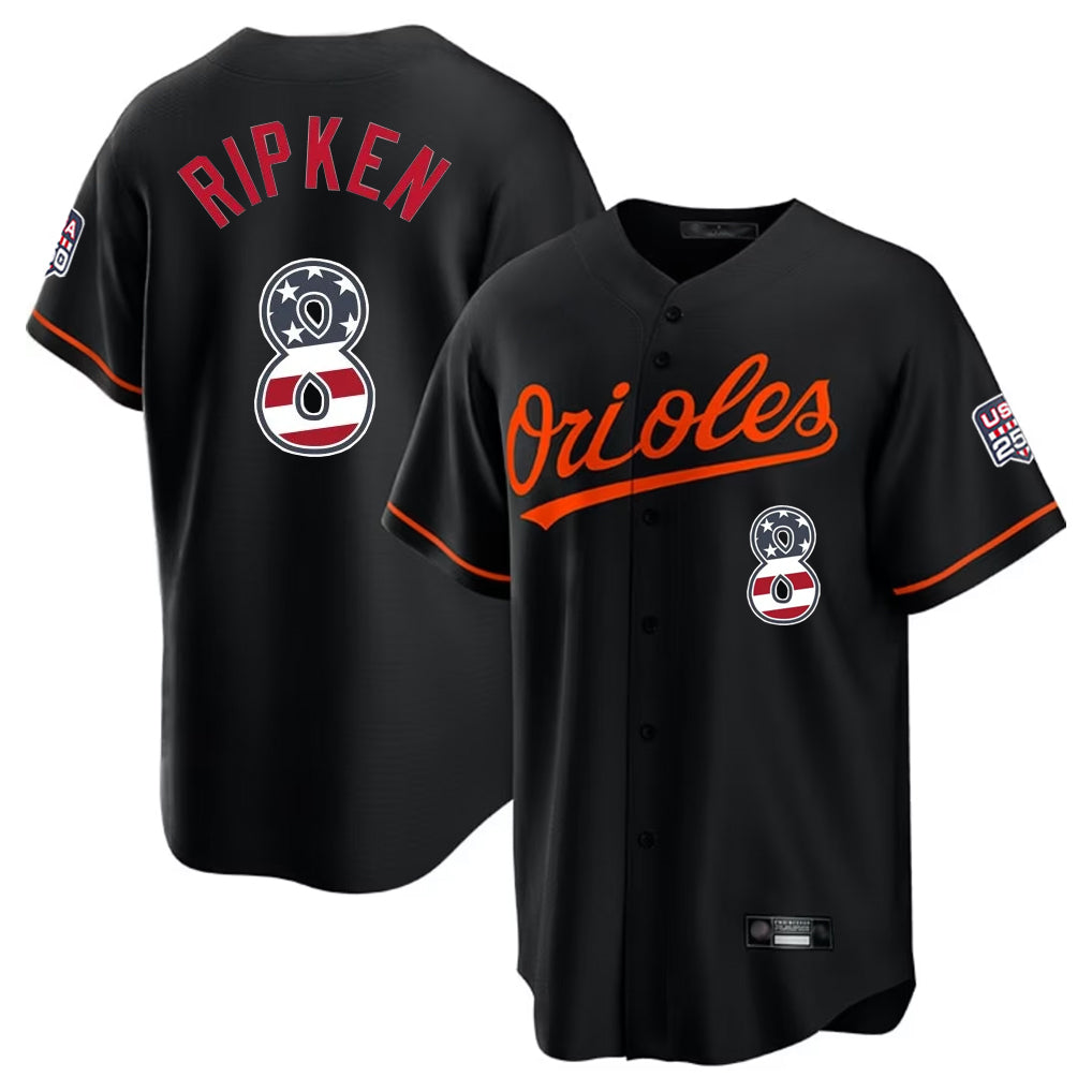 Baltimore Orioles #8 Cal Ripken Player Black BUTLER USA 250 Fourth of July Home Game Stitched Jerseys
