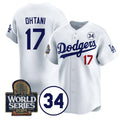 Los Angeles Dodgers #17 Shohei Ohtani White BUTLER 2024 World Series With No. 34 Patch Limited Stitched Jersey