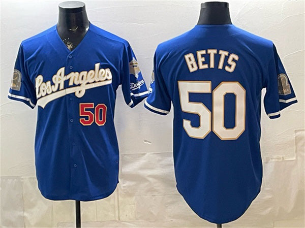 Los Angeles Dodgers #50 Mookie Betts Royal BUTLER 2026 Gold Collection 9x & B2B Champs Patch Stitched Jersey