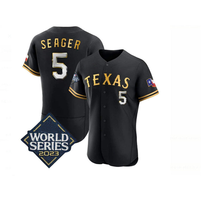 Texas Rangers #5 Corey Seager Black Gold BUTLER 2023 World Series Flex Base Stitched Jersey