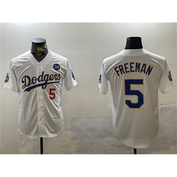 Los Angeles Dodgers #5 Freddie Freeman White Gold BUTLER 2024 World Series With No. 34 Patch Home Limited Stitched Jersey