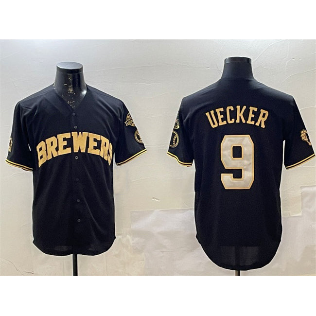 Milwaukee Brewers #9 Bob Uecker Black Gold BUTLER With Home Patch Limited Stitched Jersey
