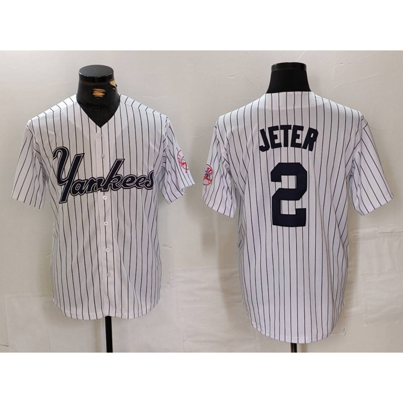 New York Yankees #2 Derek Jeter White BUTLER Pinstripe Fashion Cool Base Jersey 3