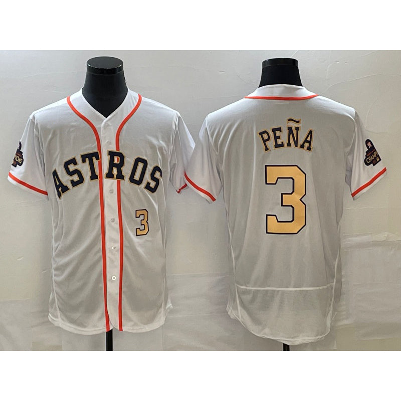 Houston Astros #3 Jeremy Pena Number 2023 White Gold BUTLER World Serise Champions Patch Flex Base Stitched Jersey 2