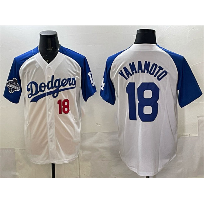 Los Angeles Dodgers #18 Yoshinobu Yamamoto White Royal BUTLER 2025 World Series Champions Patch Limited Stitched Jersey