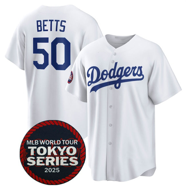 Los Angeles Dodgers #50 Mookie Betts White BUTLER 2025 World Tour Tokyo Series Home Stitched Jersey