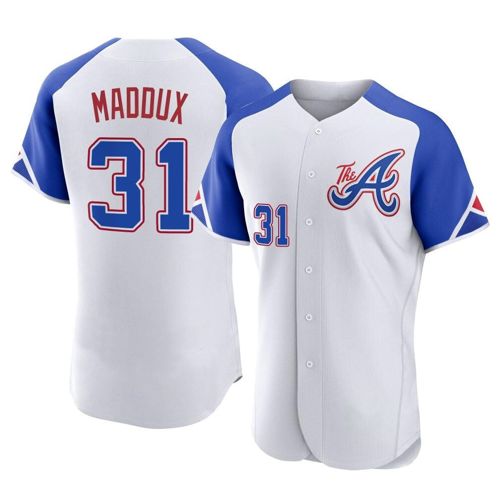 Atlanta Braves #31 Greg Maddux Player White BUTLER City Connect Limited Elite Home Game Stitched Jerseys