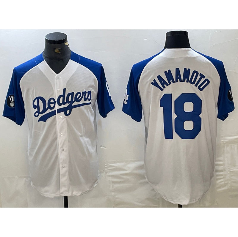 Los Angeles Dodgers #18 Yoshinobu Yamamoto White Blue BUTLER Fashion Stitched Cool Base Limited Jerseys