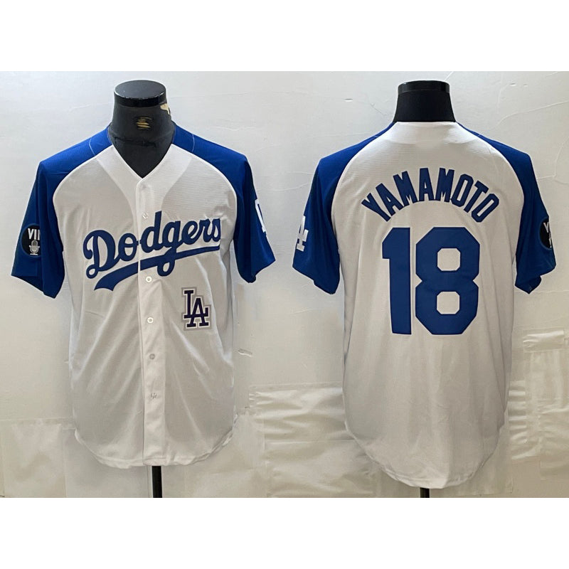 Los Angeles Dodgers #18 Yoshinobu Yamamoto White Blue BUTLER Fashion Stitched Cool Base Limited Jersey 2