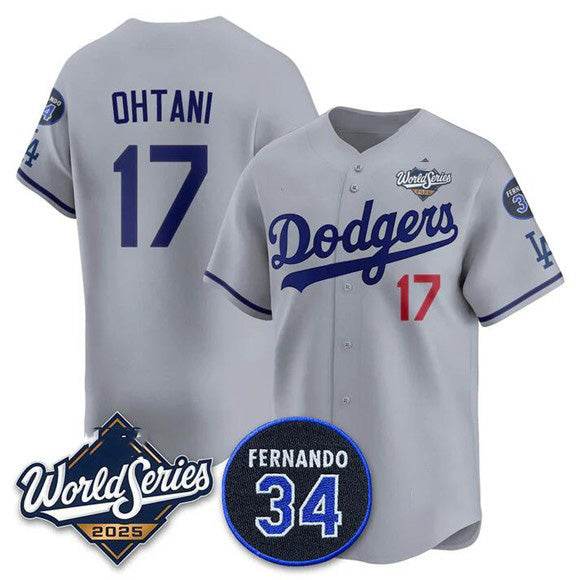 Los Angeles Dodgers #17 Shohei Ohtani Gray BUTLER 2025 World Series With No. 34 Patch Limited Stitched Jersey