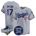 Los Angeles Dodgers #17 Shohei Ohtani Gray BUTLER 2025 World Series With No. 34 Patch Limited Stitched Jersey