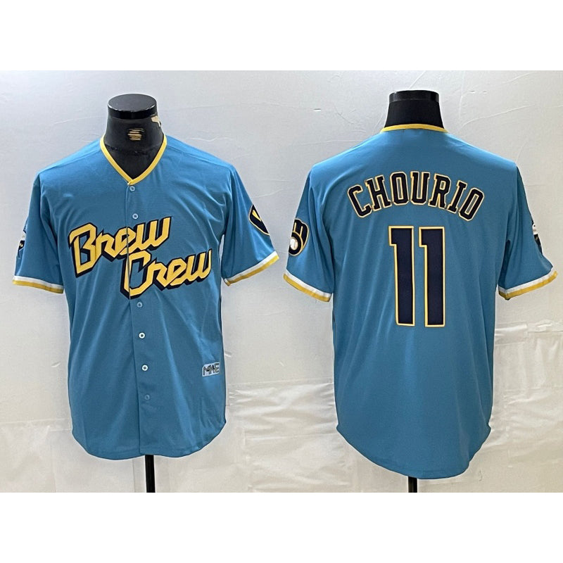 Milwaukee Brewers #11 Jackson Chourio Blue BUTLER 2022 City Connect Cool Base Stitched Jersey