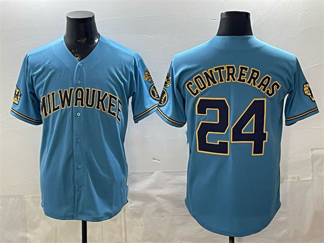 Milwaukee Brewers #24 William Contreras Blue BUTLER With Home & Bob Uecker Patch Stitched Jersey