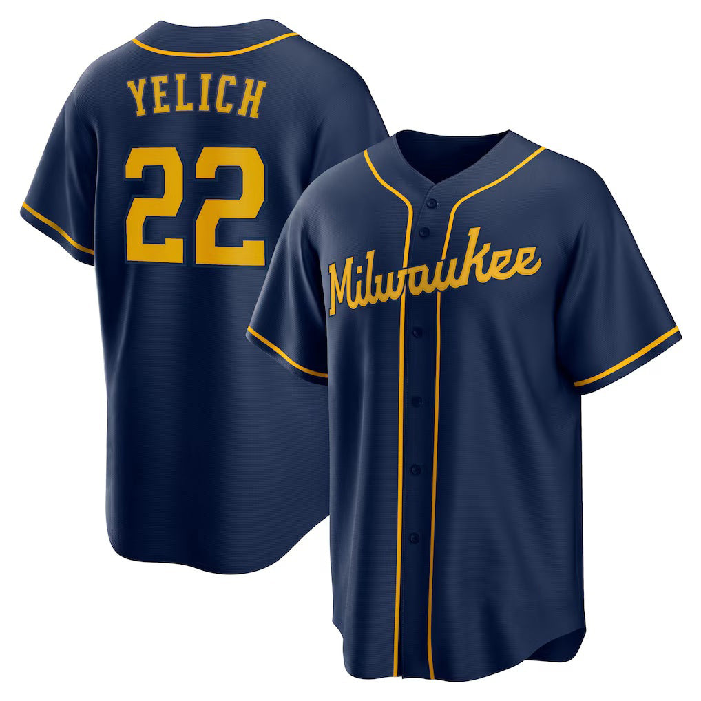 Milwaukee Brewers #22 Christian Yelich Navy BUTLER Alternate 2 Replica Jersey