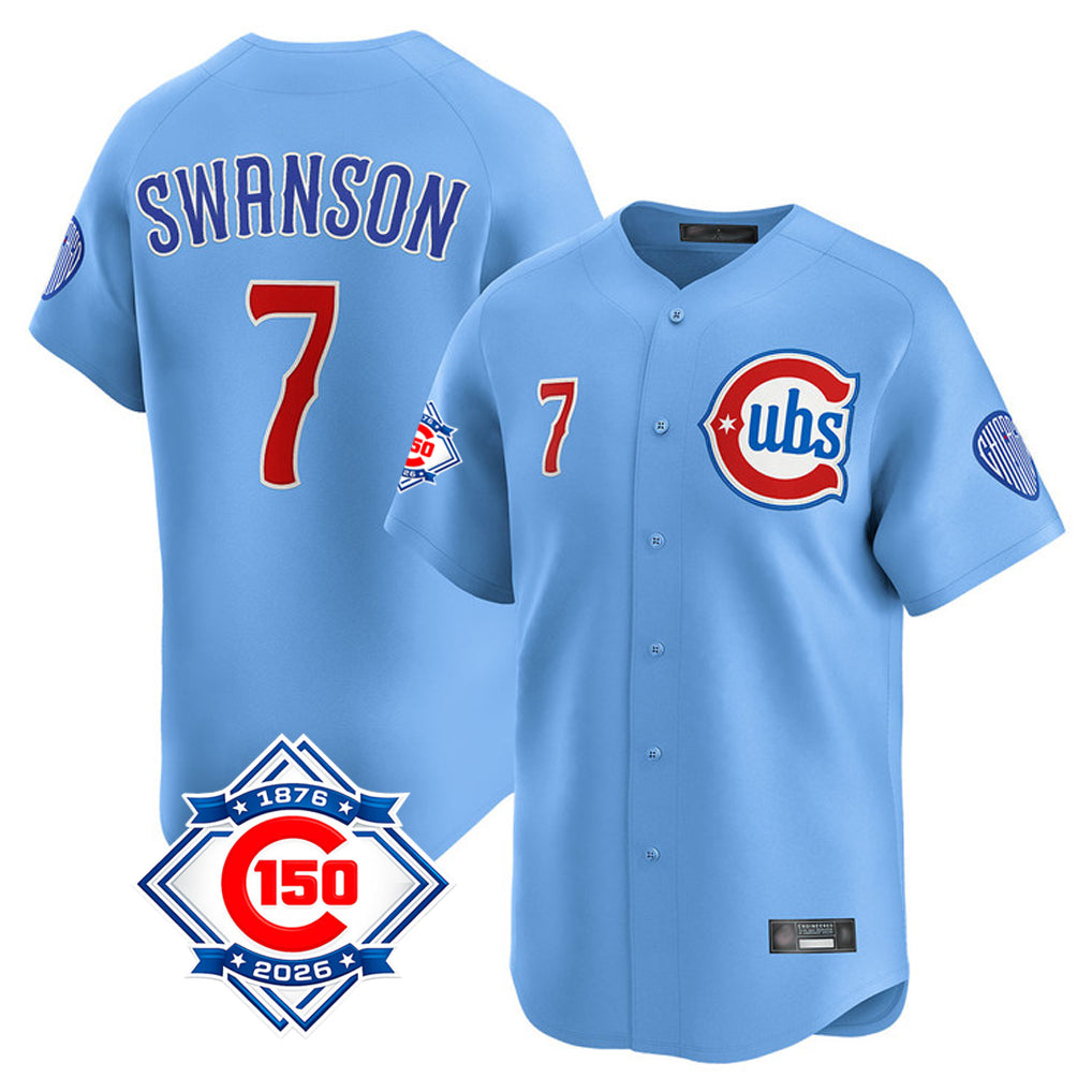 Chicago Cubs #7 Dansby Swanson Player Light Blue BUTLER 150th Anniversary Limited Home Stitched Jerseys