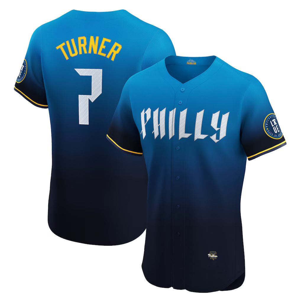 Philadelphia Phillies #7 Trea Turner Navy BUTLER City Connect Elite Jersey