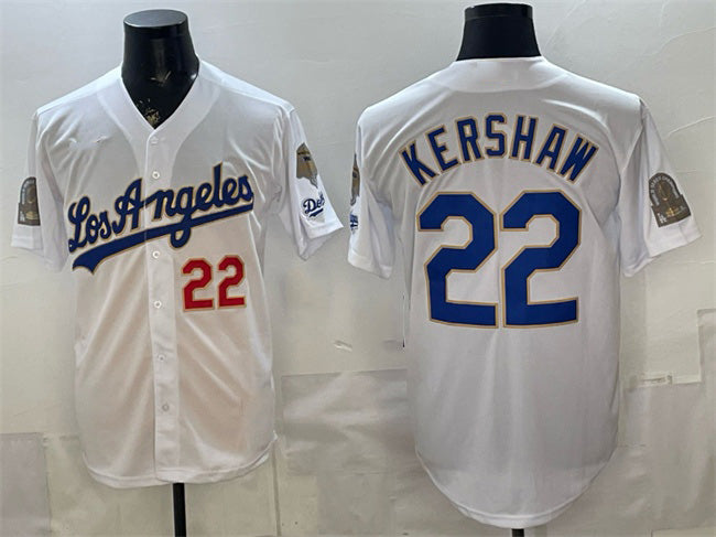 Los Angeles Dodgers #22 Clayton Kershaw White BUTLER 2026 Gold Collection 9x & B2B Champs Patch Stitched Jersey