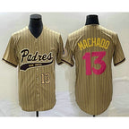 San Diego Padres #13 Manny Machado Number Tan BUTLER Pinstripe 2023 City Connect Cool Base Stitched Jersey