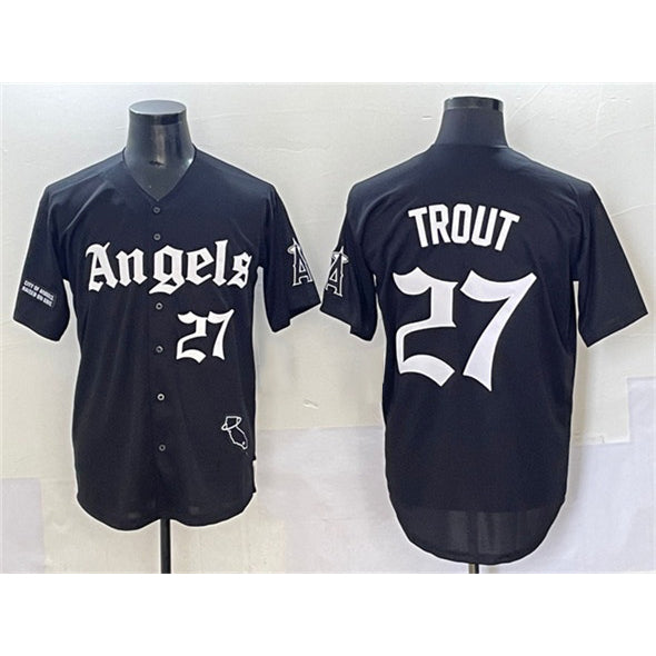 Los Angeles Angels #27 Mike Trout Black BUTLER 'Gothic Halo Edition' Vapor Limited Stitched Jersey