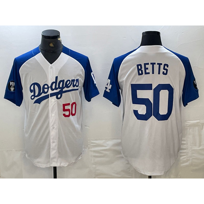 Los Angeles Dodgers #50 Mookie Betts Number White Blue BUTLER Fashion Stitched Cool Base Limited Jerseys