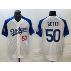 Los Angeles Dodgers #50 Mookie Betts Number White Blue BUTLER Fashion Stitched Cool Base Limited Jerseys