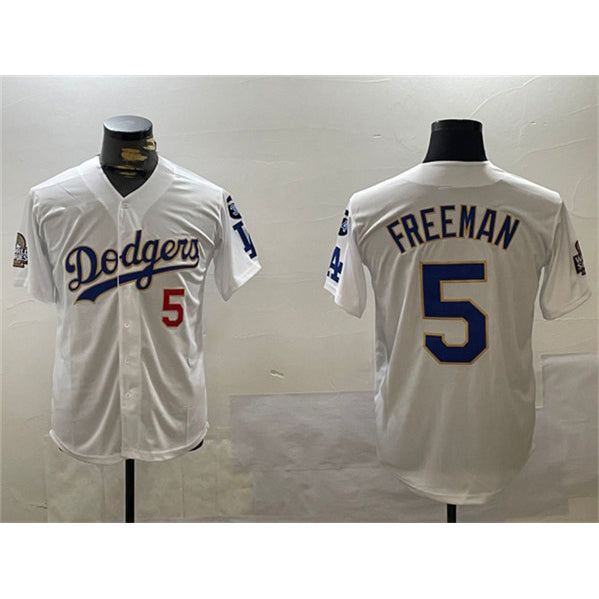 Los Angeles Dodgers #5 Freddie Freeman White Gold BUTLER 2024 World Series With Fernando Memorial Patch Home Limited Stitched Jersey