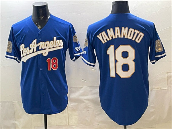 Los Angeles Dodgers #18 Yoshinobu Yamamoto Royal BUTLER 2026 Gold Collection 9x & B2B Champs Patch Stitched Jersey