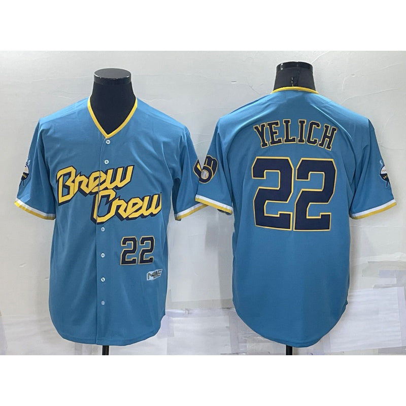 Milwaukee Brewers #22 Christian Yelich Number Blue BUTLER 2022 City Connect Cool Base Stitched Jersey