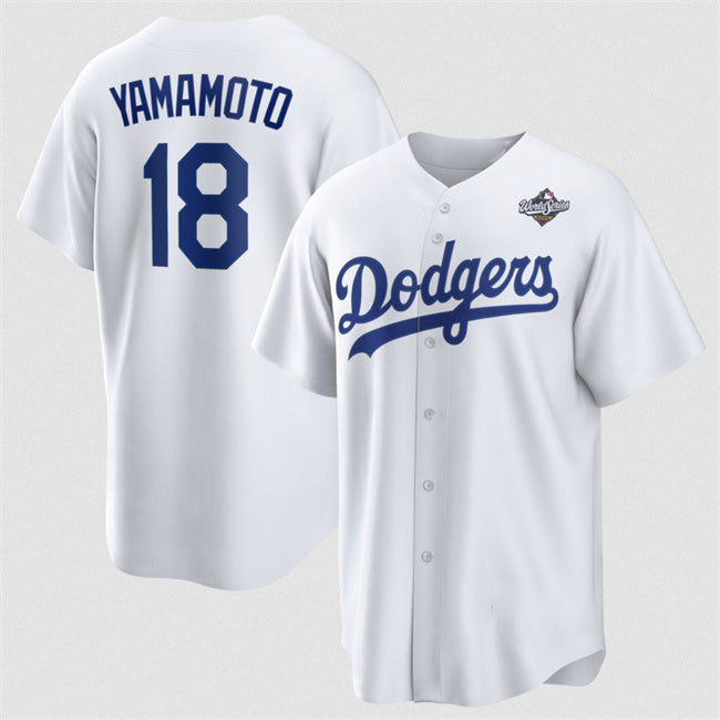 Los Angeles Dodgers #18 Yoshinobu Yamamoto White BUTLER 2025 World Series Home Cool Base Stitched Jersey