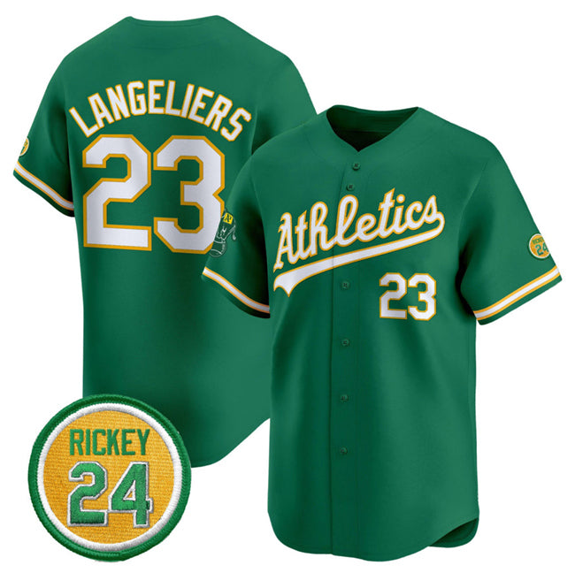 Oakland Athletics #23 Shea Langeliers Green BUTLER 2024 Limited With Rickey Henderson Patch Stitched Jersey