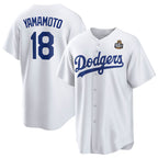 Los Angeles Dodgers #18 Yoshinobu Yamamoto White BUTLER 2024 World Series Cool Base Stitched Jersey