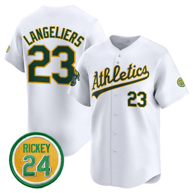 Oakland Athletics #23 Shea Langeliers White BUTLER 2024 Home Limited With Rickey Henderson Patch Stitched Jersey