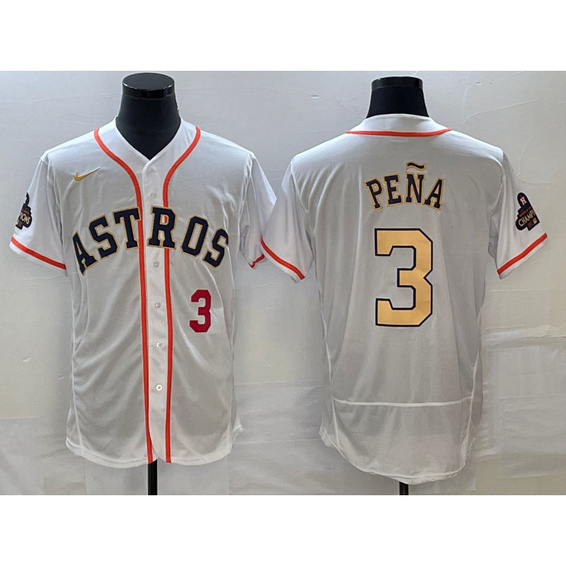Houston Astros #3 Jeremy Pena Number 2023 White Gold BUTLER World Serise Champions Patch Flex Base Stitched Jersey