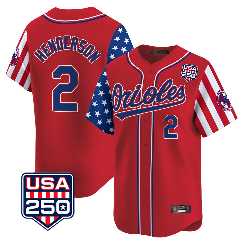Baltimore Orioles #2 Gunnar Henderson Player Red BUTLER USA 250 Independence Day Vapor Premier Limited Home Game Stitched Jerseys